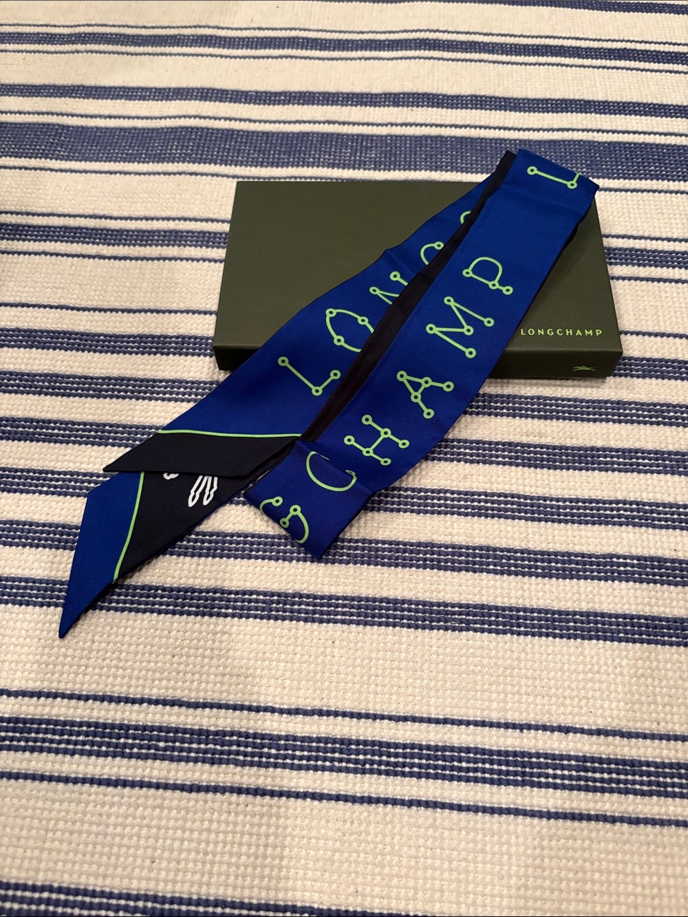 NWT Longchamp Silk Headband/Twilly in Royal Blue/Green/Black/White